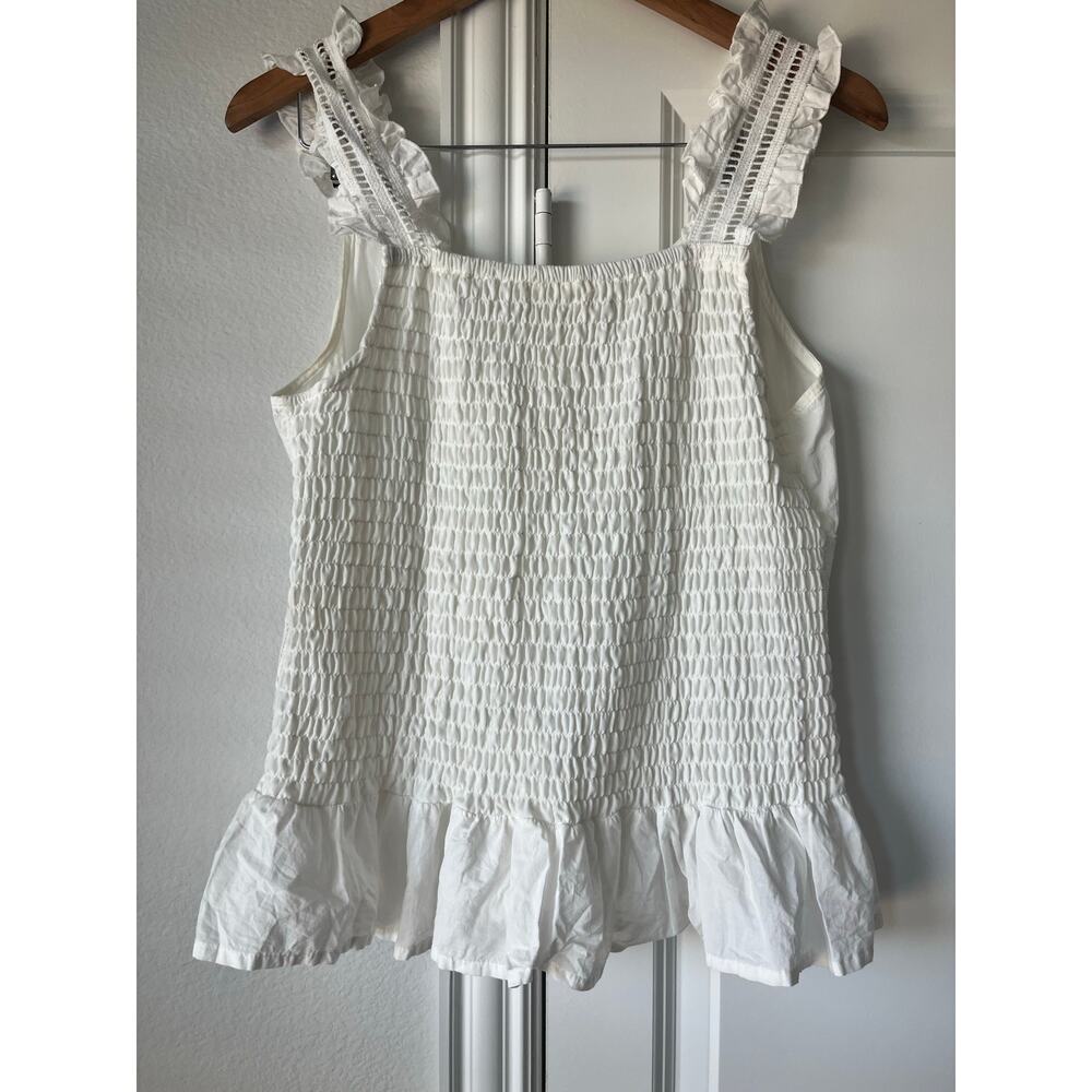 Adiva White Ruffle Eyelet Peplum Tank Top w/ Ruched Back Fairy | Size Medium - Picture 2 of 8